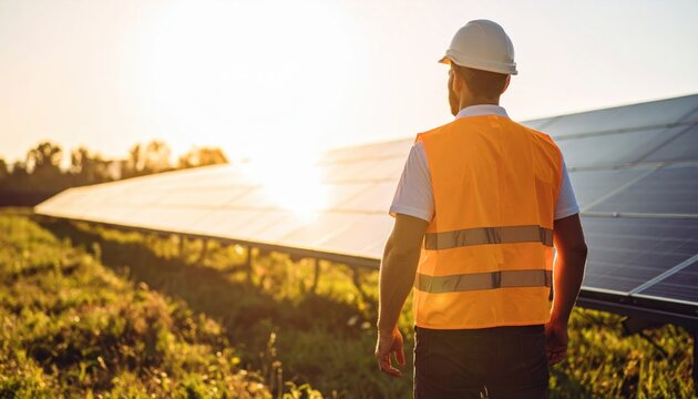 Man in Safety Vest Observing Solar Panels at Sunset in Renewable Energy Field