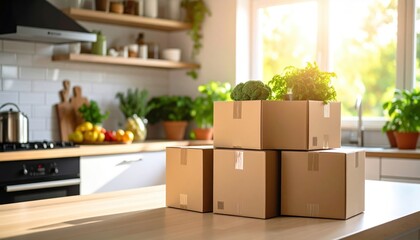 Fresh Organic Produce Boxes on Kitchen Counter with Greenery and Sunlight Glow