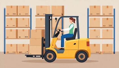 Woman Operating Forklift in Warehouse Surrounded by Stacked Cardboard Boxes
