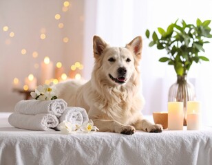 Relaxing Moment with a White Dog in a Spa Setting with Towels and Candles