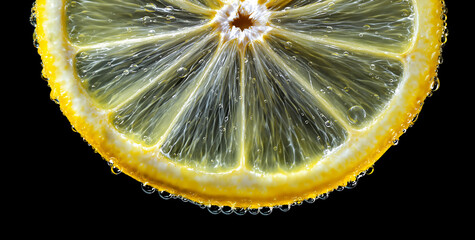 Lemon slice with water bubbles on black background. Citrus fruit macro shot.