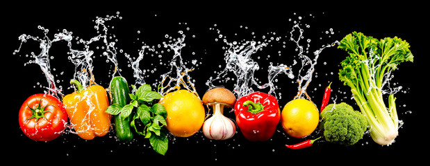 Fresh vegetables splashing in water against black background. Colorful produce with dynamic water droplets.