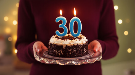 30th birthday cake with lit number candles being held on decorative plate. Celebration milestone birthday.