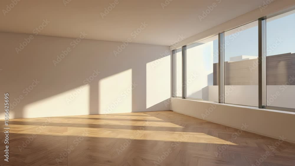 Poster bright and spacious empty room with large windows during the golden hour in a modern building