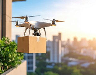 Advanced Delivery Drone Carrying Package Over Cityscape at Sunset in Urban Setting