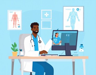 Friendly Doctor Engages in Telemedicine Consultation with Patient on Computer Screen