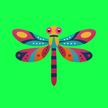 Colorful abstract dragonfly illustration animation, transparent 4K video, green screen