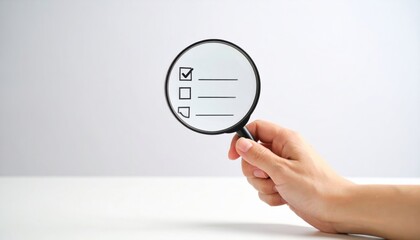 Hand Holding Magnifying Glass Over Checklist with Checked Box on White Background