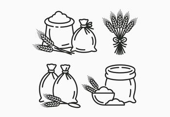Collection of simple outline icons representing bags of flour and wheat stalks