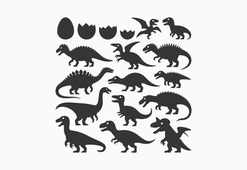 Collection of diverse dinosaur silhouettes and hatching eggs on a white background