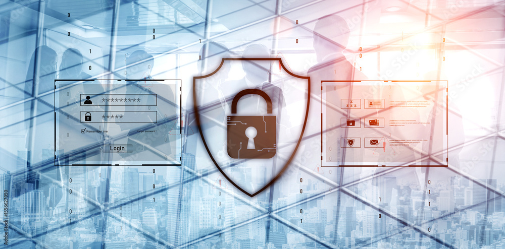 Poster cyber security protects against breaches, hacks, and network attacks using strong infrastructure and