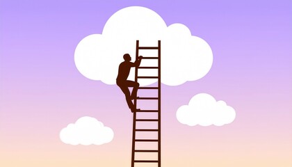 Person Climbing a Ladder Towards a Colorful Sky with Clouds in a Minimalist Style