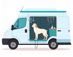Mobile Dog Grooming Van with White Dog and Grooming Tools Inside Exterior View