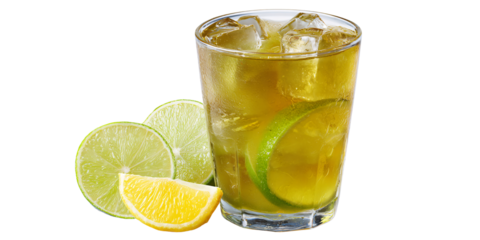 Refreshing Long Island Iced Tea Cocktail with Lime and Lemon Slices on Black Background Concept of summer drink, party, and refreshment