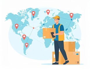 Delivery Service Worker with Package on World Map Background Showcasing Global Logistics
