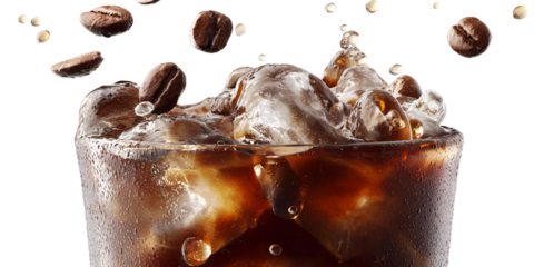 Refreshing iced coffee with coffee beans and ice cubes in a glass, perfect for a hot summer day Concept of refreshment, beverage, and caffeine boost