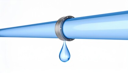 Blue Pipe with Water Droplet at Connection Point in Clean Background