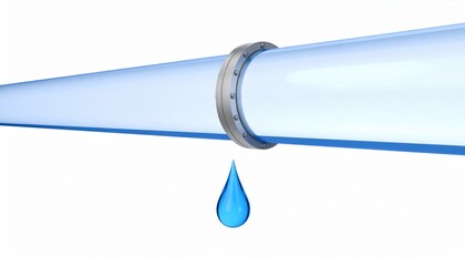 Water Droplet Dripping from Blue Pipe with Metal Clamp Against White Background