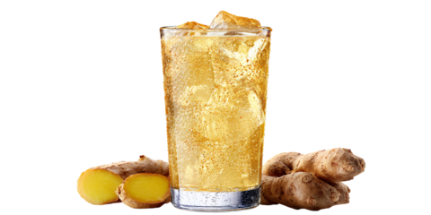 Refreshing ginger ale cocktail with ice cubes in a tall glass, garnished with fresh ginger root Concept of healthy beverage, summer drink, and natural ingredient