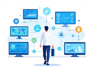 Business Professional Analyzing Data on Multiple Monitors in Modern Workspace