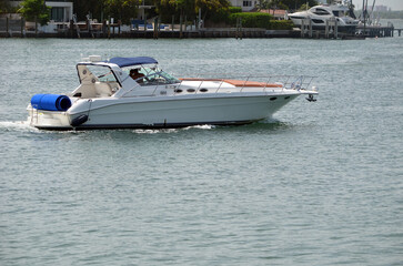High end cabin cruiser on the Florida Intra-Coastal Waterway off of Miami Beach