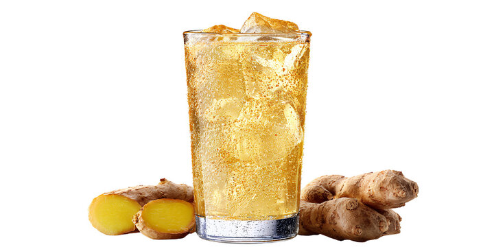 Refreshing ginger ale cocktail with ice cubes in a tall glass, garnished with fresh ginger root Concept of healthy beverage, summer drink, and natural ingredient