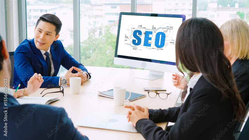 Poster seo search engine optimization for modish e-commerce and online retail business showing on computer 