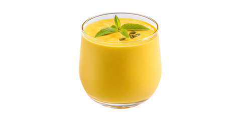 Refreshing mango smoothie in glass with mint garnish and pumpkin seeds Healthy tropical fruit drink for breakfast or snack Concept of healthy eating, detox, and vegetarian diet