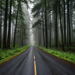 Fototapeta premium Road stretches through a misty forest with tall trees lining the way