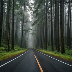 Obraz premium Road disappears into a foggy forest with tall trees lining the way
