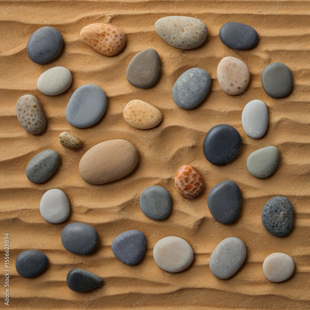 Poster smooth stones arranged on textured sand creating a calming pattern