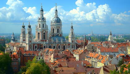 Fototapeta premium Vilnius cityscape featuring the Church of St Casimir with red ro