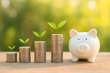 Financial Growth Concept with Coin Stacks and Piggy Bank on Wooden Table