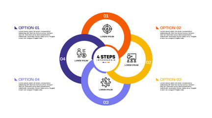 Venn diagram infographic chart template for business 4 step options, presentation with venn diagram elements vector illustration.	

