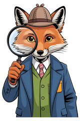 Fox detective examines with magnifying glass.

