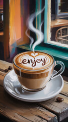 A cup of coffee with "Enjoy" artfully swirled in latte foam.
