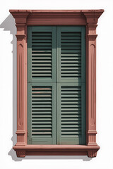 Fototapeta premium Ornate window with green shutters and a reddish-brown frame. 