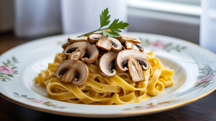 Pasta with sauteed mushrooms, creamy sauce.
