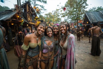 Renaissance Fair Revelry: A group of cheerful women in costumes enjoy the day at a Renaissance fair, complete with historic clothing, and surrounding market.