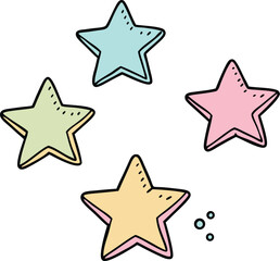 Fototapeta premium Colorful Hand-Drawn Star Icon Set with Pastel Highlights and Notebook-Style Doodles – Flat Vector Illustration