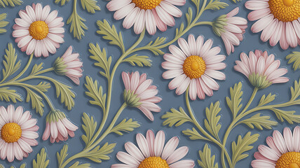 Delicate pink daisies in a repeating pattern on a muted blue background.
