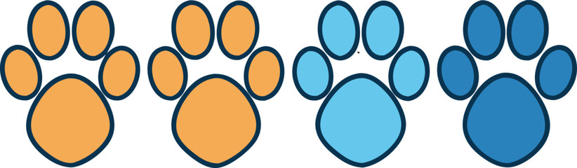 Flat Isometric Vector of Four Dog Paw Prints in Row with Color Variations

