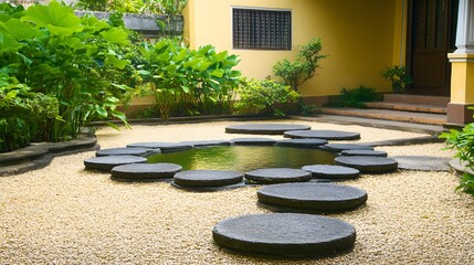 Obraz premium Serene Zen Garden Stone Path Pond Landscaping