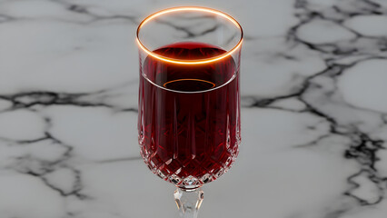 Elegant crystal glass filled with red liquid, set on marble, and outlined with gold.