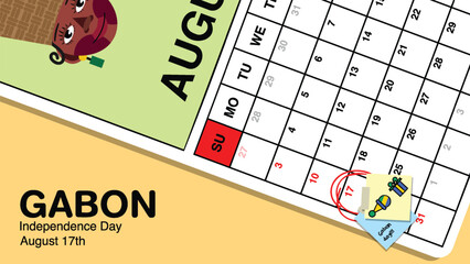 Gabon Independence Day reminder on August 17th in a wall calendar with illustrative people wearing the nation's traditional attire.