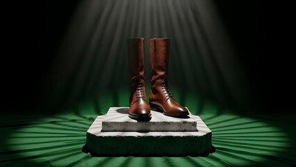 Elegant brown leather boots displayed on a textured platform under spotlight illumination.