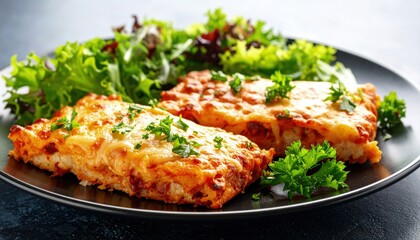 Cheesy baked dish with salad