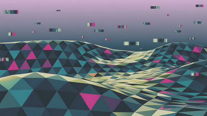 Abstract landscape of triangles in muted colors. Digital, geometric shapes.
