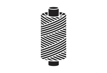 Stylized black and white illustration of a spool of thread with diagonal lines