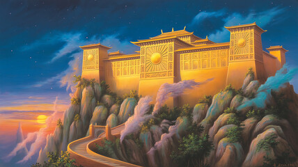 Golden fortress on a mountaintop, overlooking a sunset.
